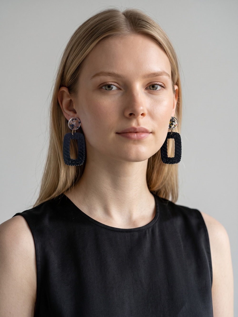 Handmade Black Rectangular Drop Earrings with Confetti Studs